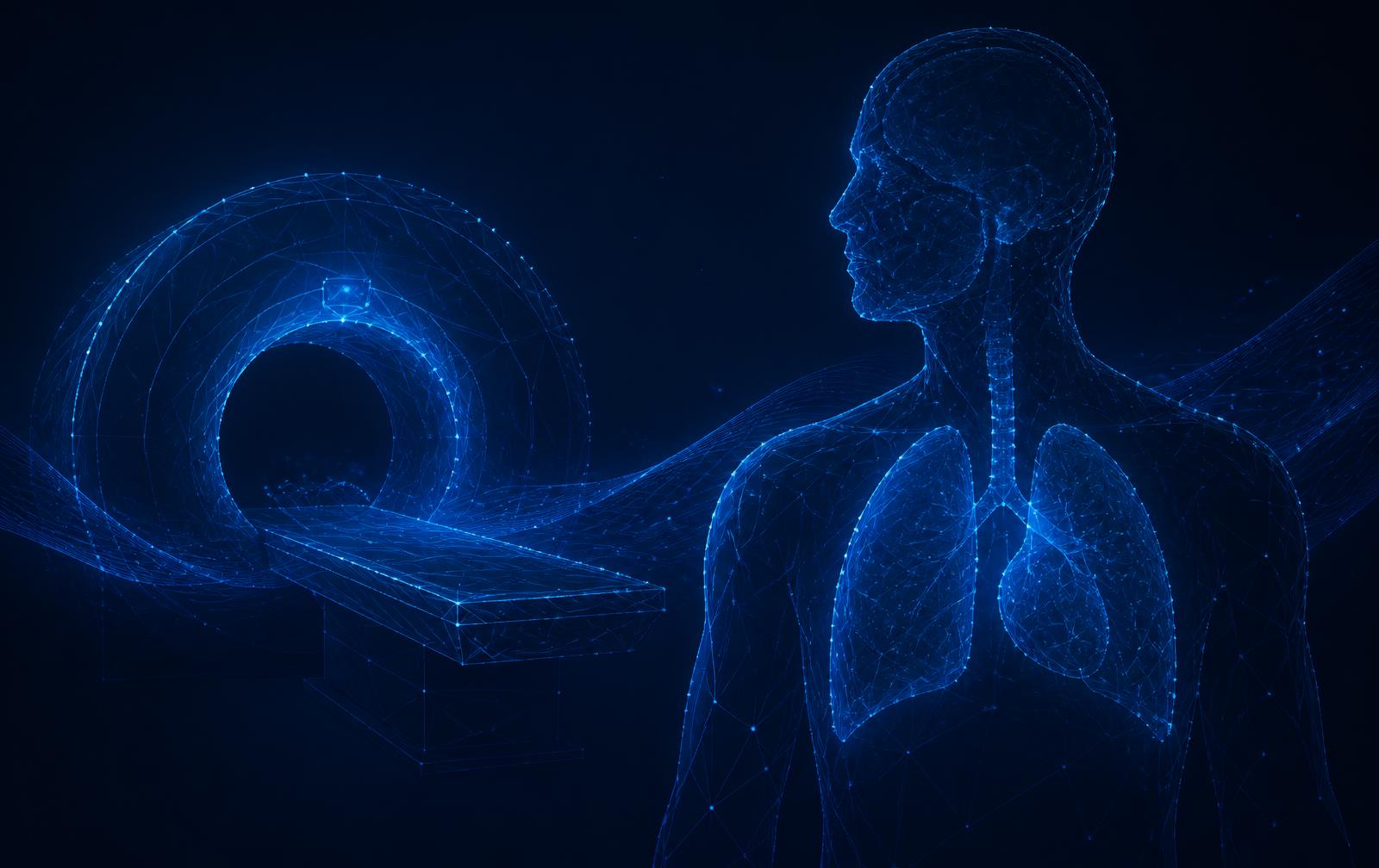 Abstract wireframe visualisation of a diagnostic imaging scanner and human anatomy